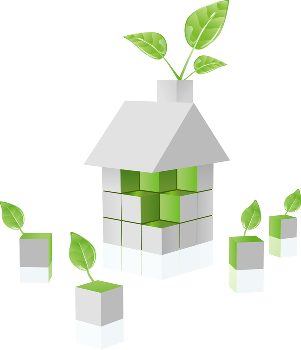 vector clip art of environmental green puzzle house built out of cubes ecology blocks, growing fresh green leaf